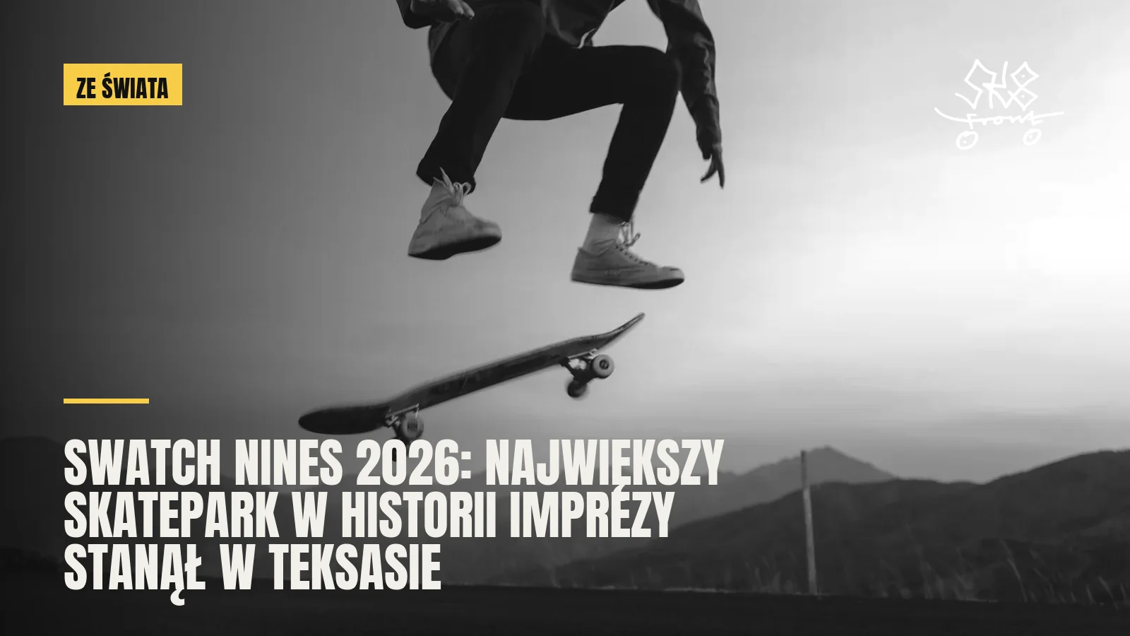 Skater w wysokim ollie nad betonem, w tle góry